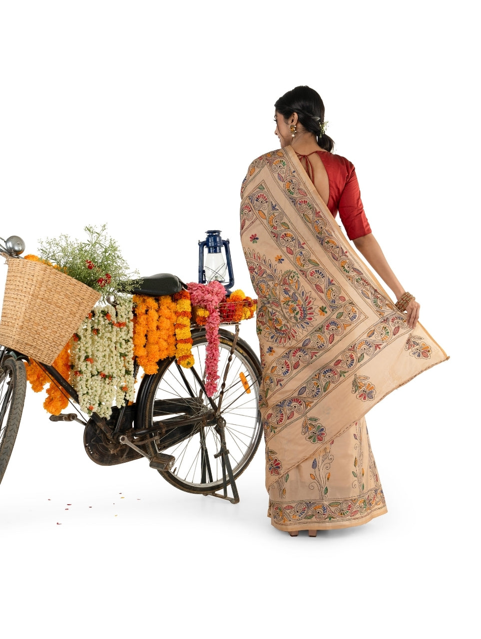 Beige Multicoloured Kantha Stitched Saree