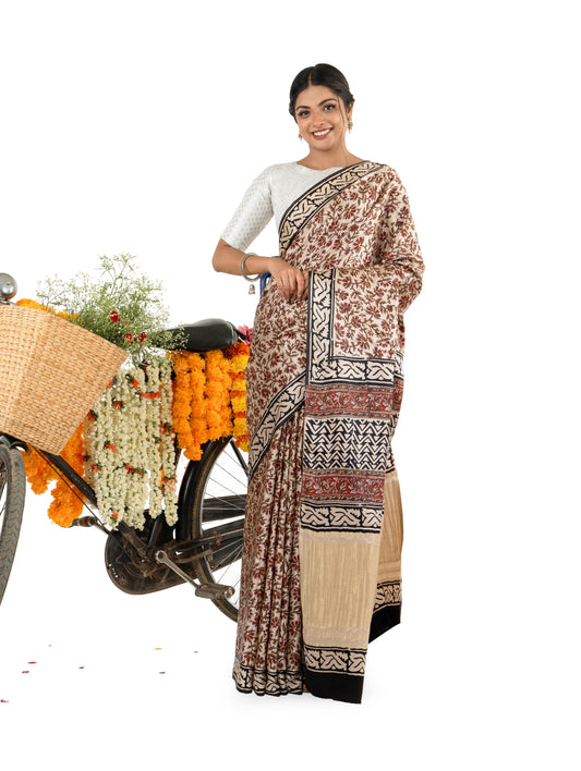 Beige and Maroon Gajji Silk Bagru Printed Saree