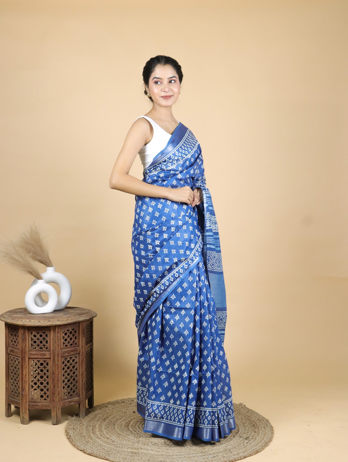 Beautiful Blue Hand Block Printed Cotton Linen Saree