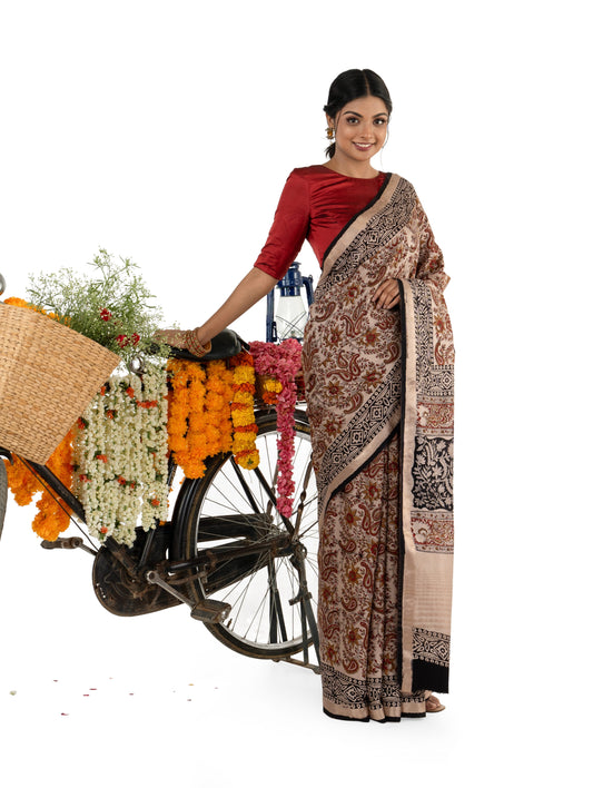 Beige and Brown Art Silk Crepe with Bagru BlockPrinted Saree