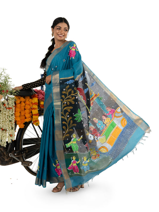 Blue Tussar Saree with Beautiful Hand painting