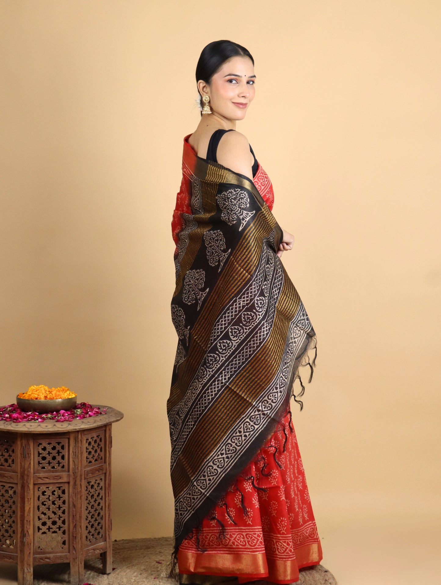 Brick Red and Black Baffta Tussar Block Printed Saree
