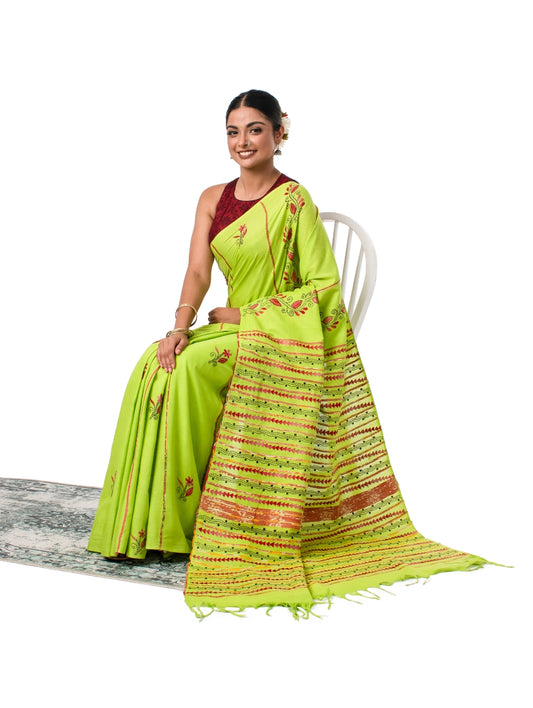 Fluorescent Green Exquisite Khesh Kantha Stitched Saree