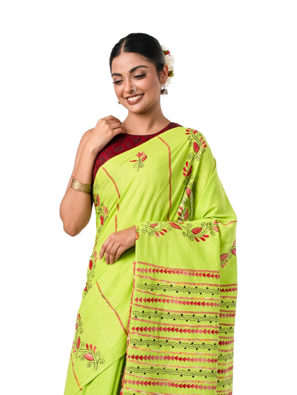 Fluorescent Green Exquisite Khesh Kantha Stitched Saree