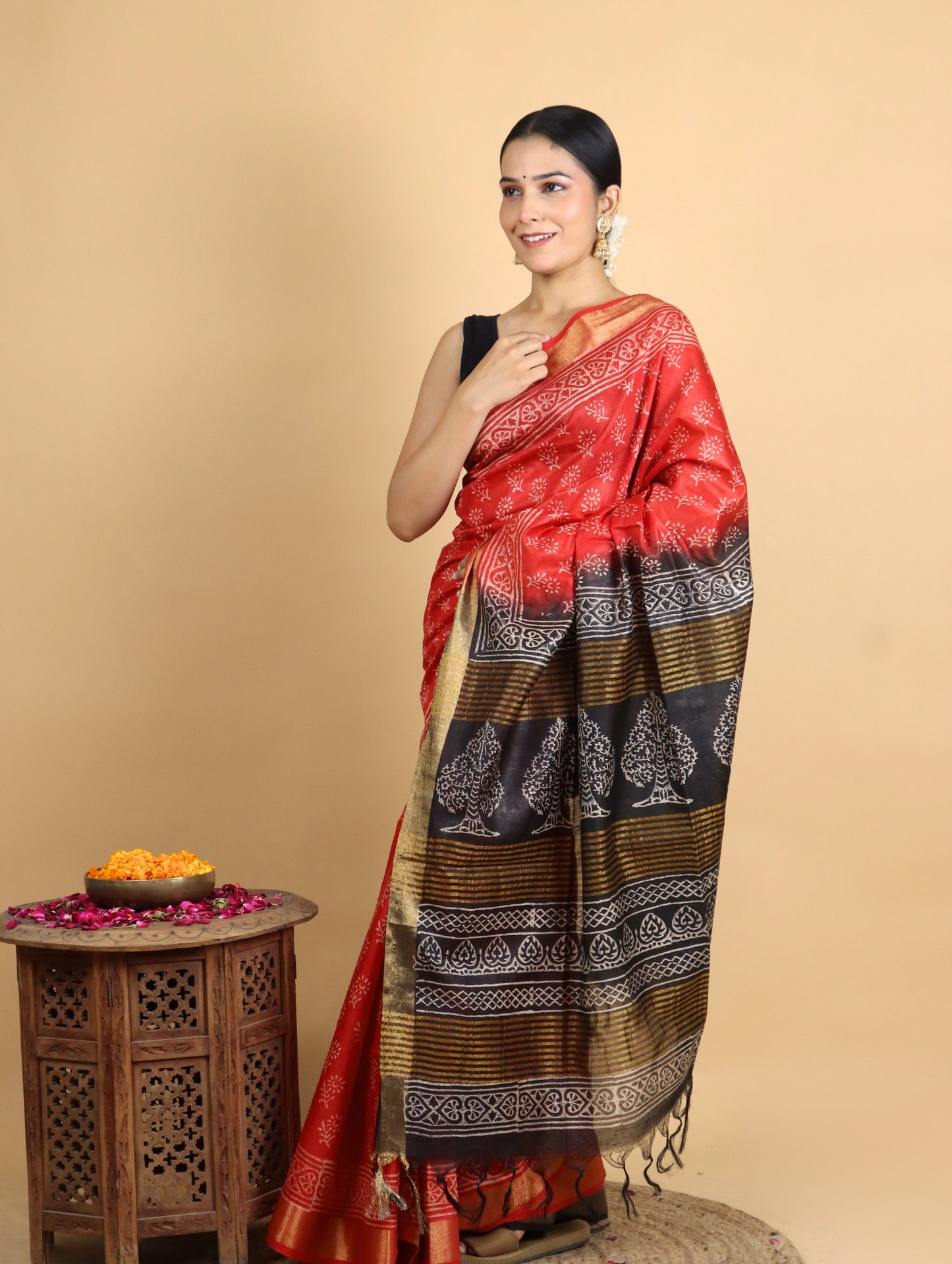 Brick Red and Black Baffta Tussar Block Printed Saree