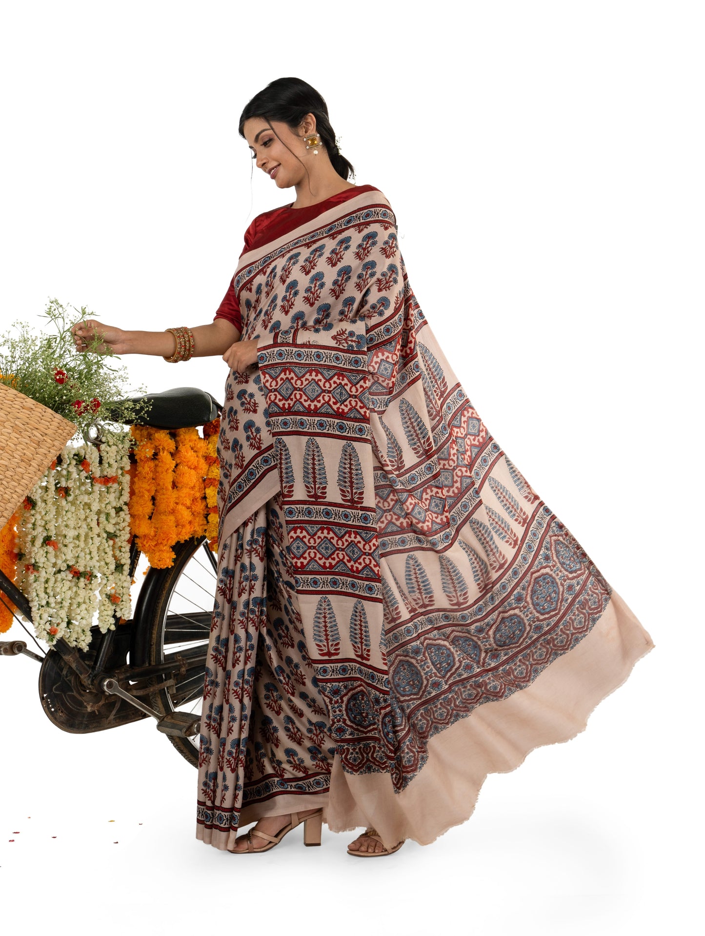 Ajrak Beige Modal Muslin Saree