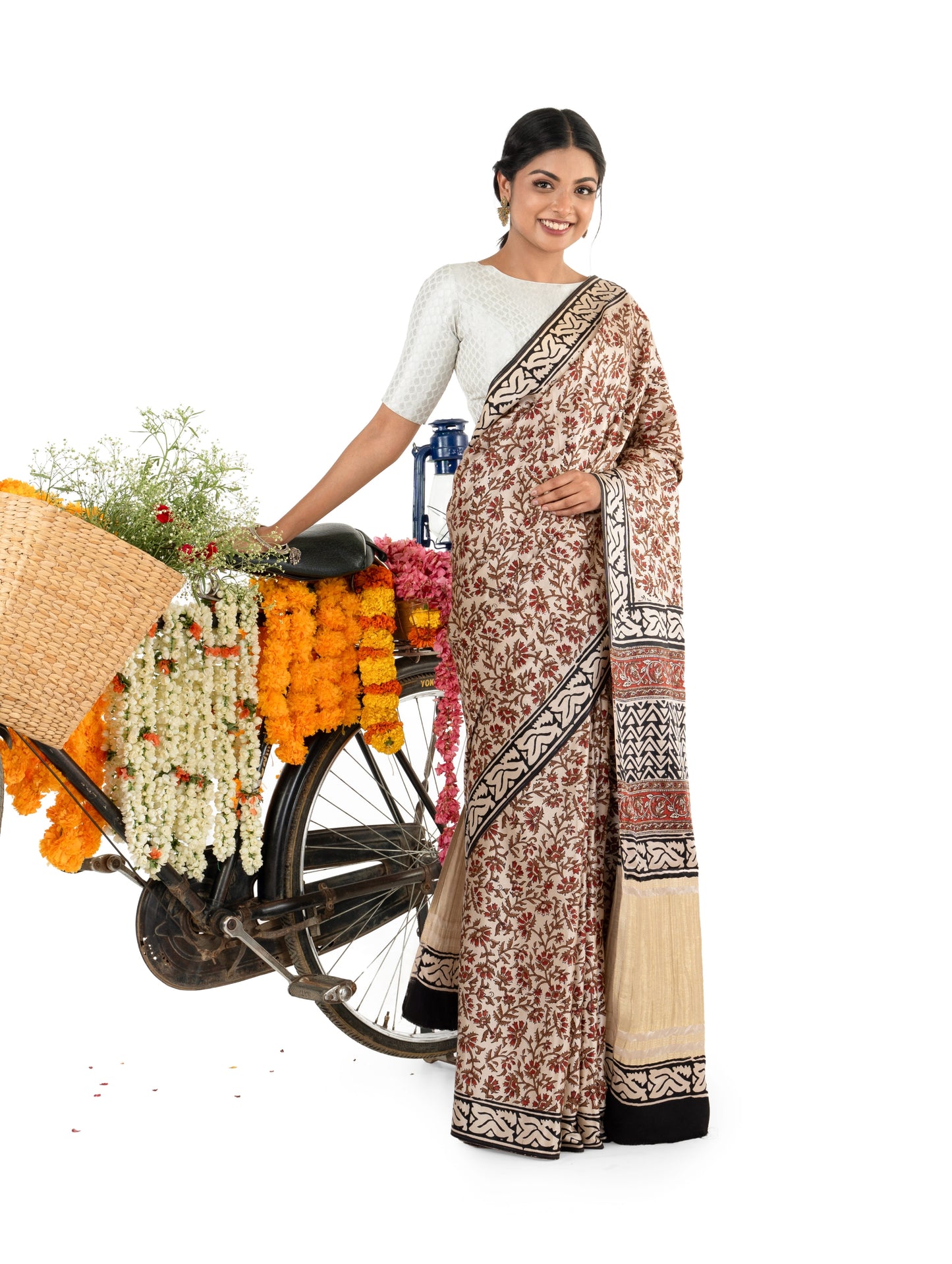 Beige and Maroon Gajji Silk Bagru Printed Saree