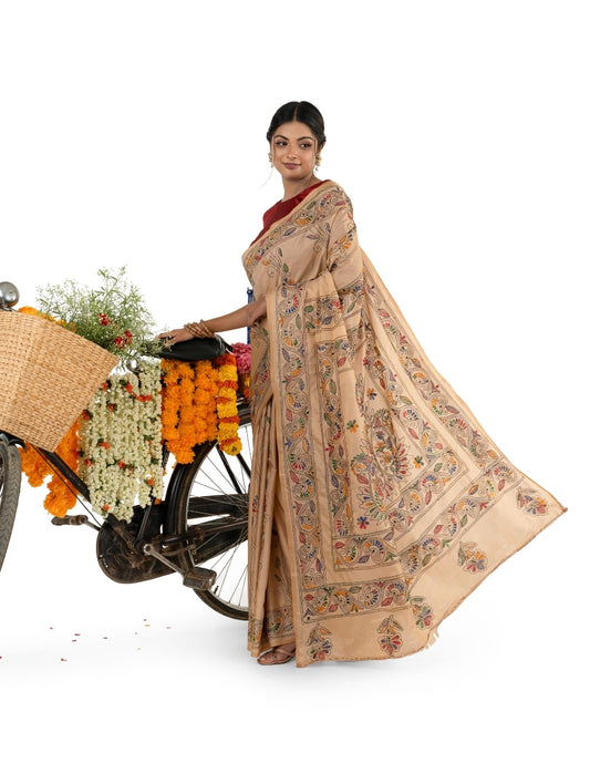Beige Multicoloured Kantha Stitched Saree