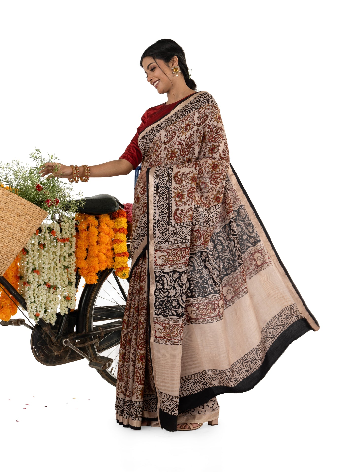 Beige and Brown Art Silk Crepe with Bagru BlockPrinted Saree