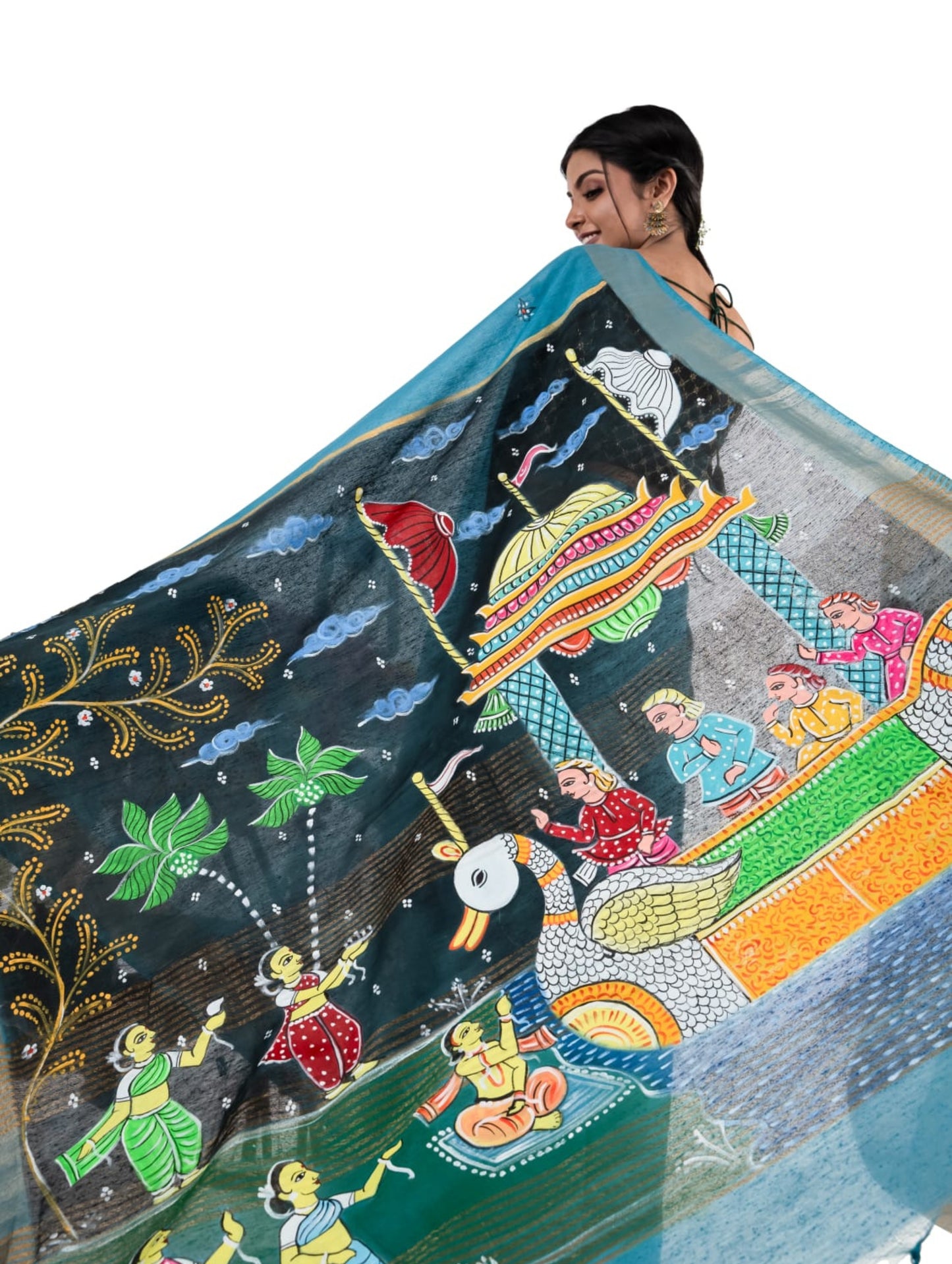 Blue Tussar Saree with Beautiful Hand painting