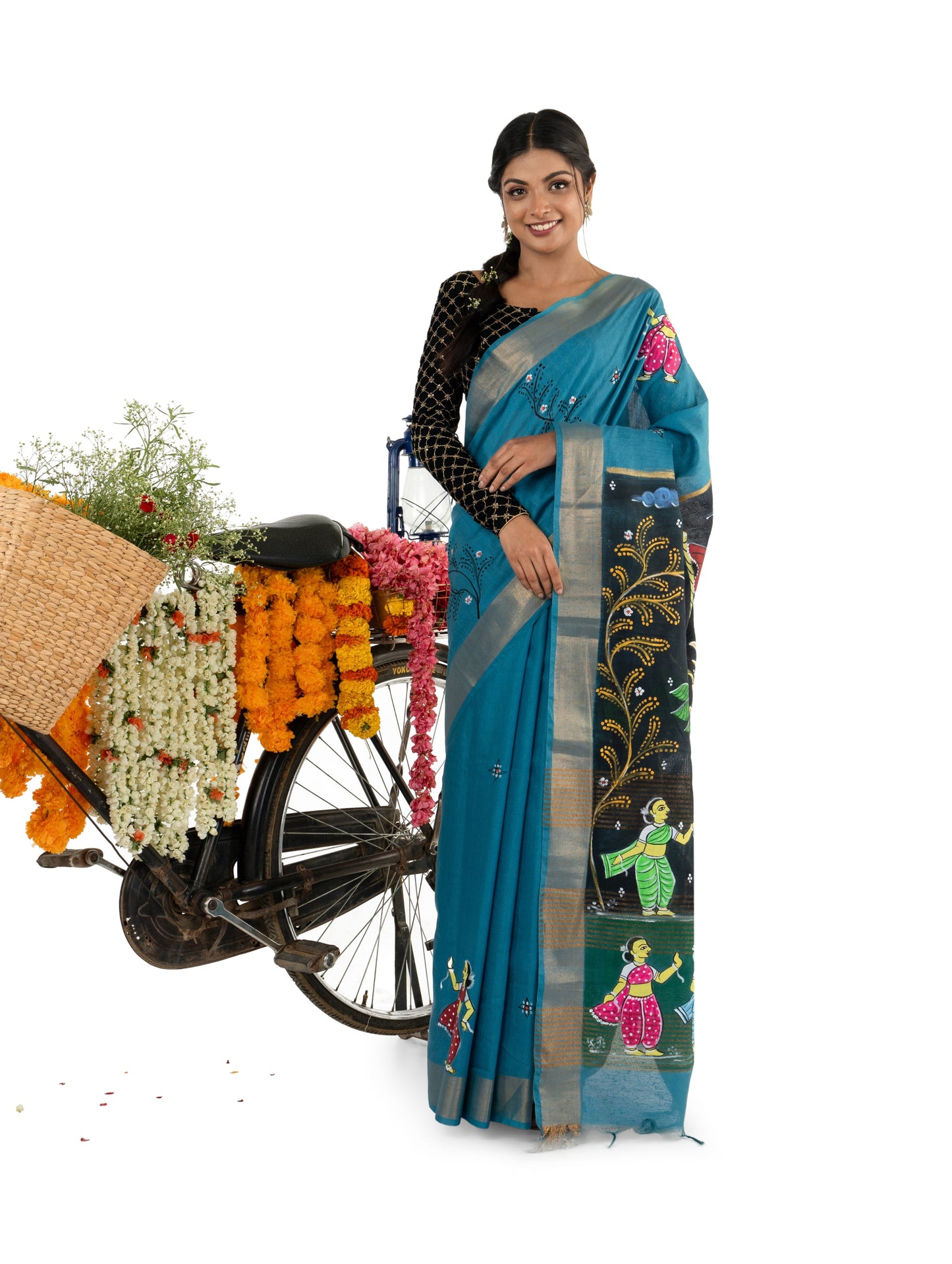 Blue Tussar Saree with Beautiful Hand painting
