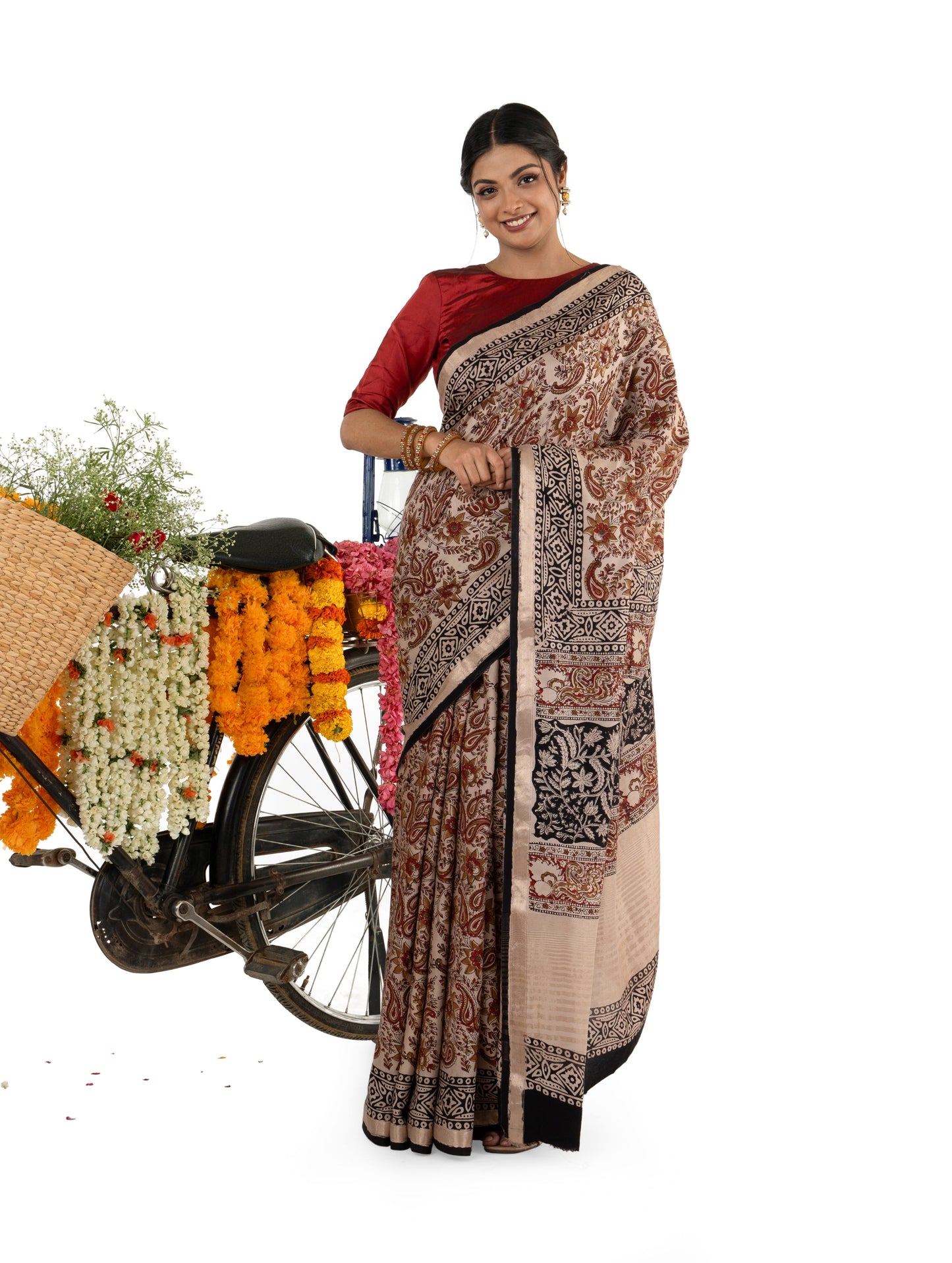 Beige and Brown Art Silk Crepe with Bagru BlockPrinted Saree