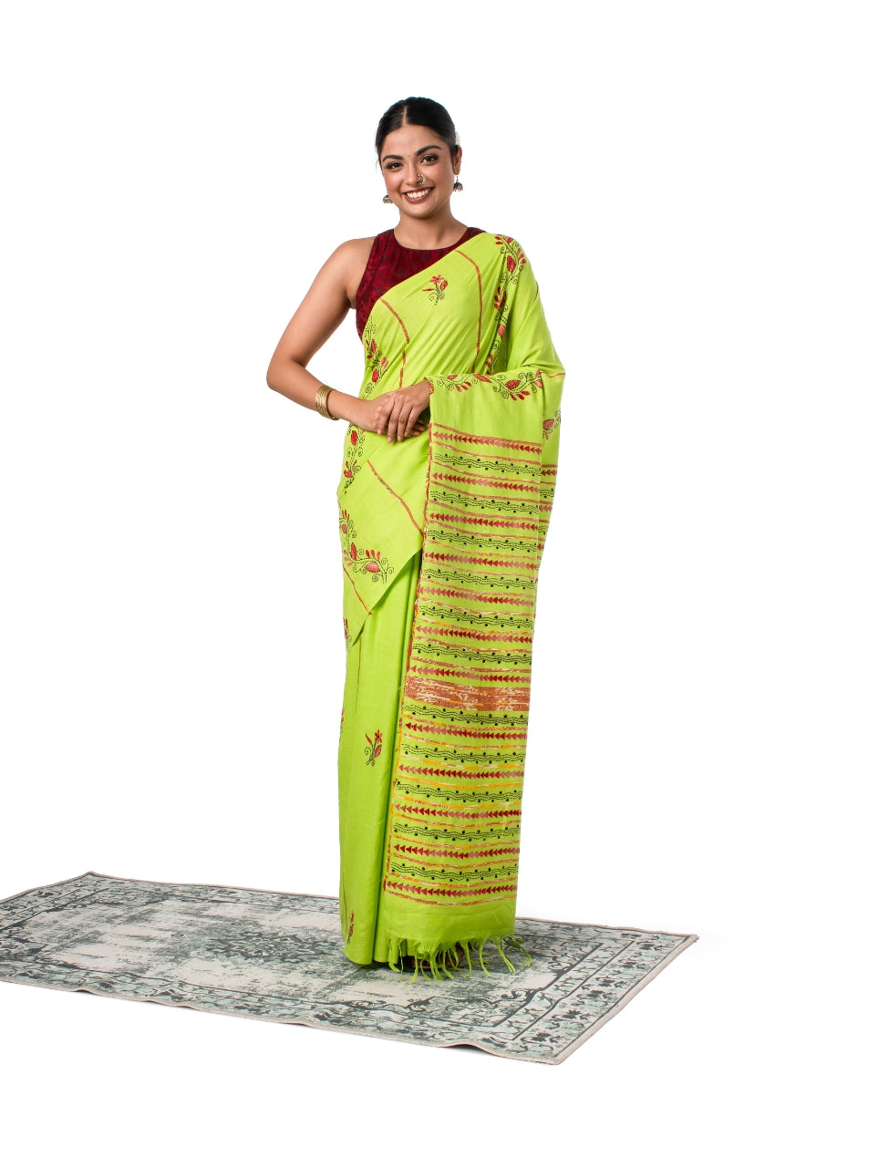 Fluorescent Green Exquisite Khesh Kantha Stitched Saree