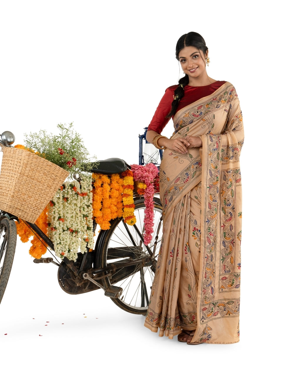 Beige Multicoloured Kantha Stitched Saree
