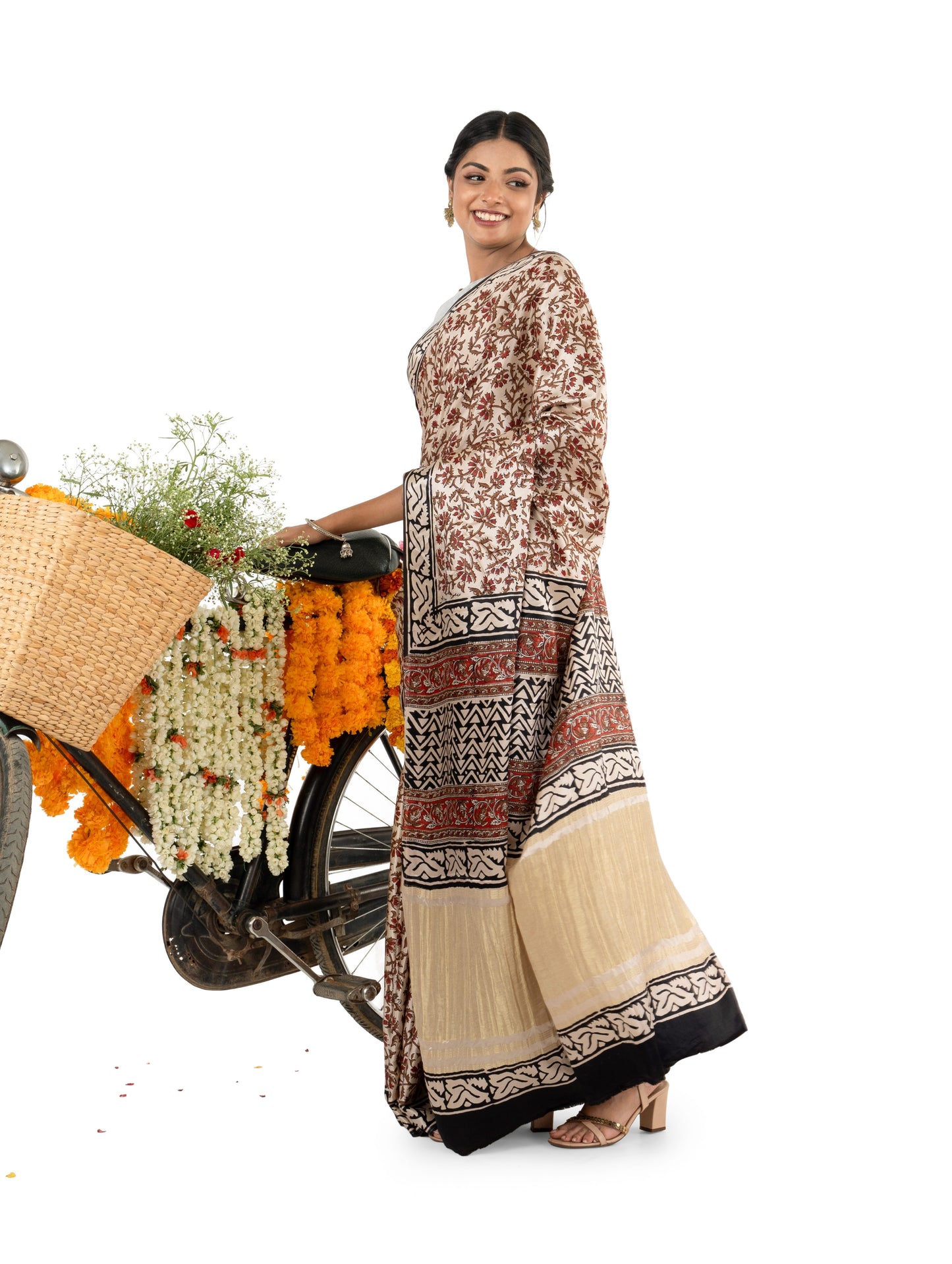 Beige and Maroon Gajji Silk Bagru Printed Saree