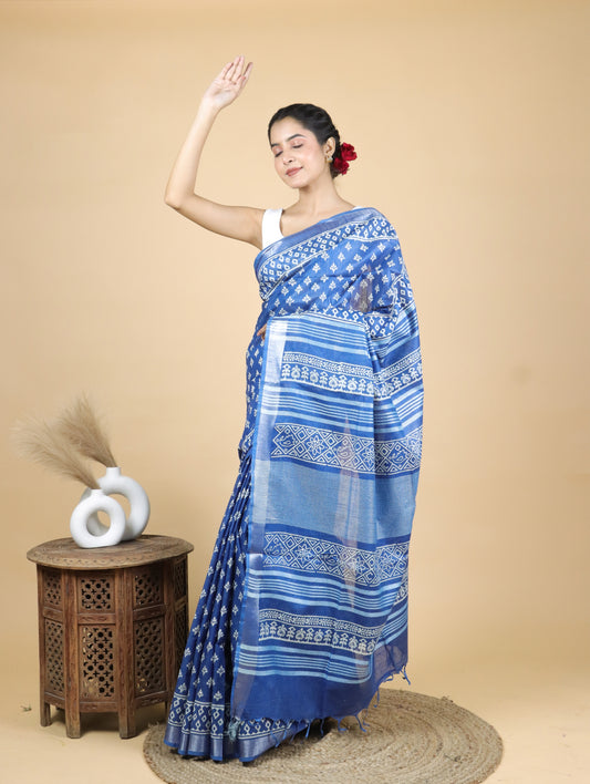 Beautiful Blue Hand Block Printed Cotton Linen Saree