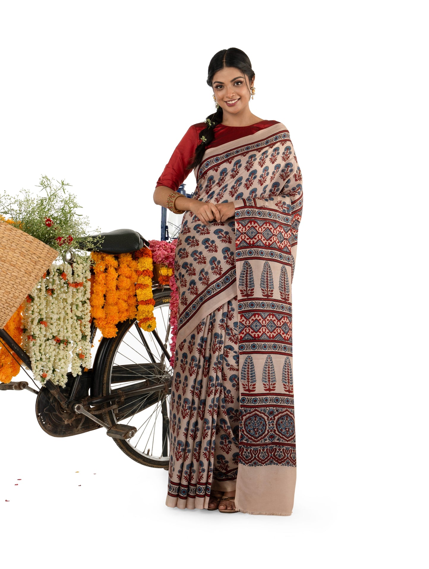 Ajrak Beige Modal Muslin Saree