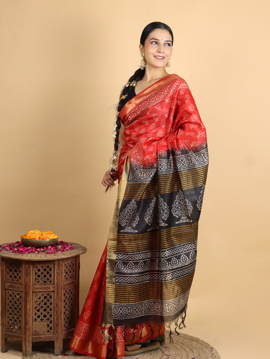 Brick Red and Black Baffta Tussar Block Printed Saree