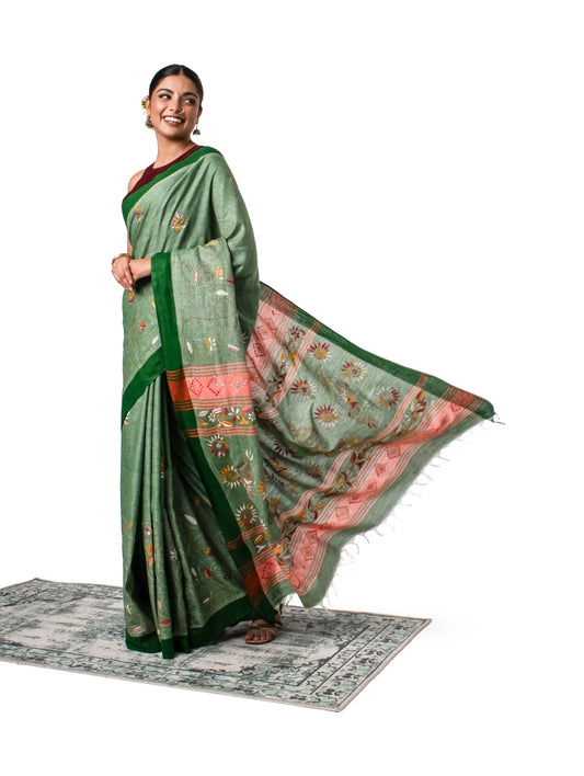 Green Exquisite Khadi Kantha Stitched Saree