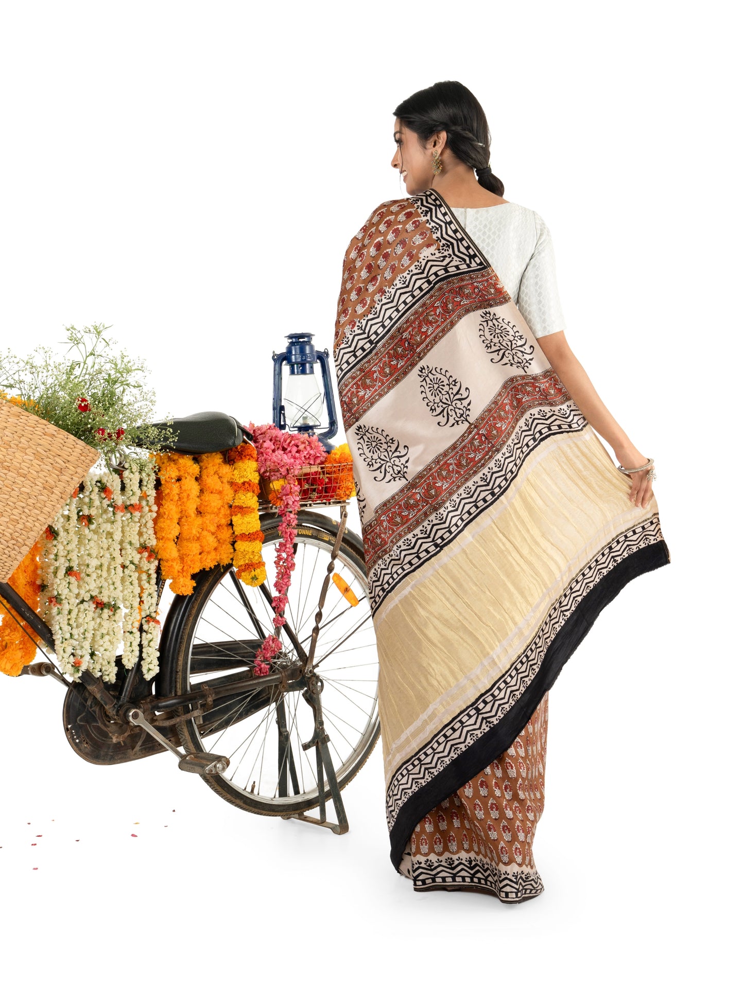Brown Floral Gajji Silk Bagru Printed Saree