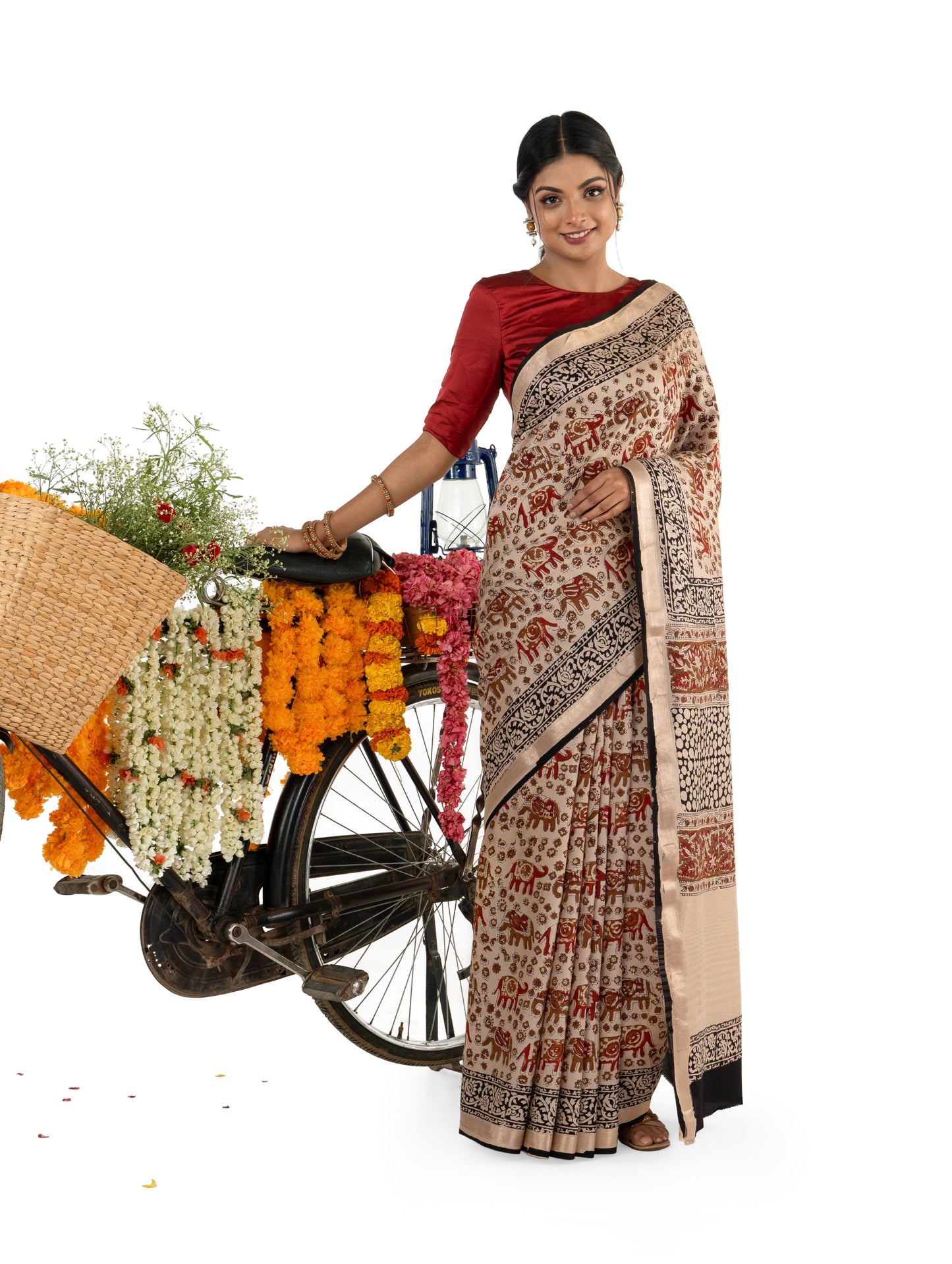 Beige and Maroon Art Silk Crepe with Elephant Motiff Bagru BlockPrinted Saree
