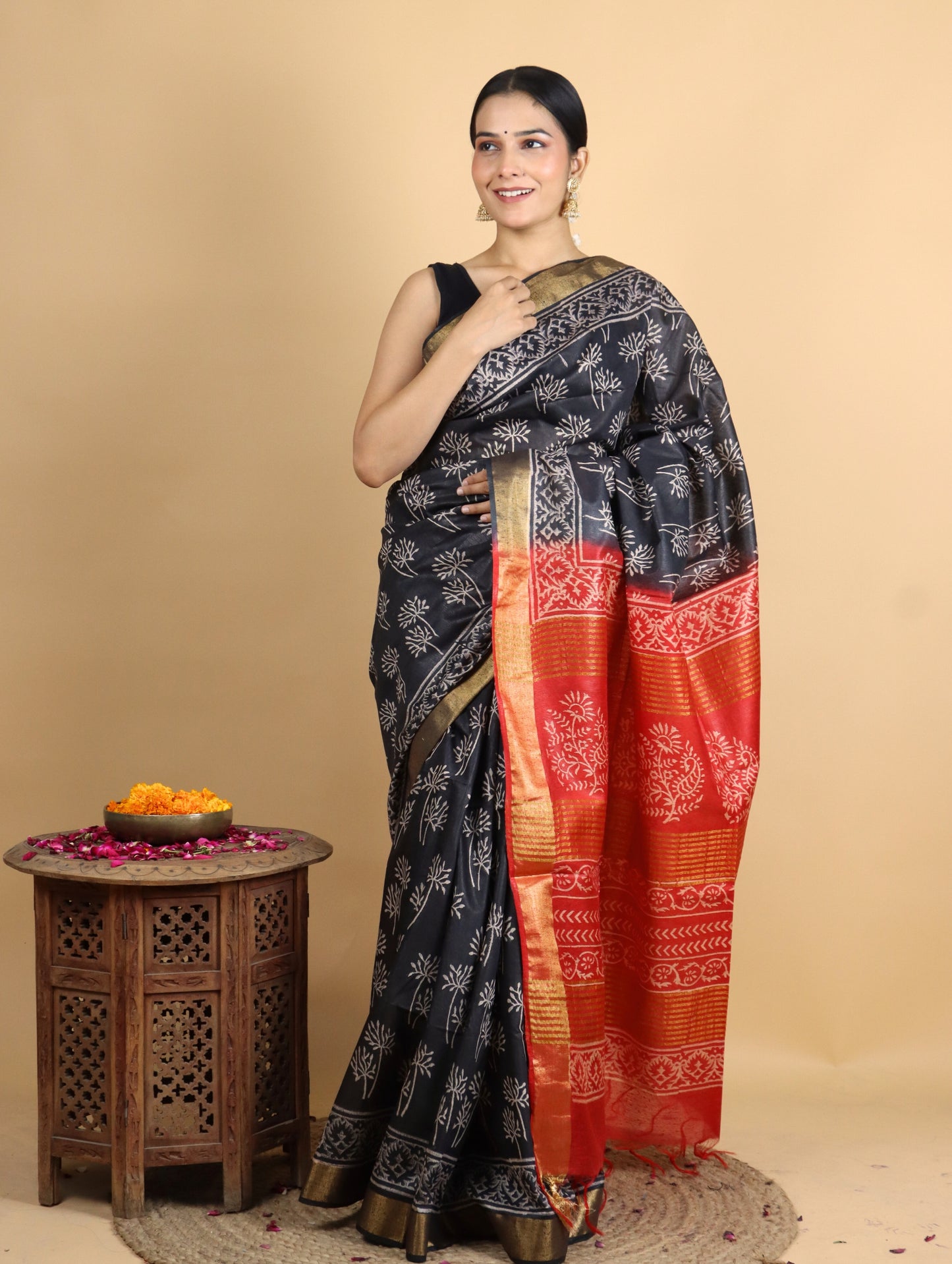 Black and Orange Baffta Tussar Block Printed Saree