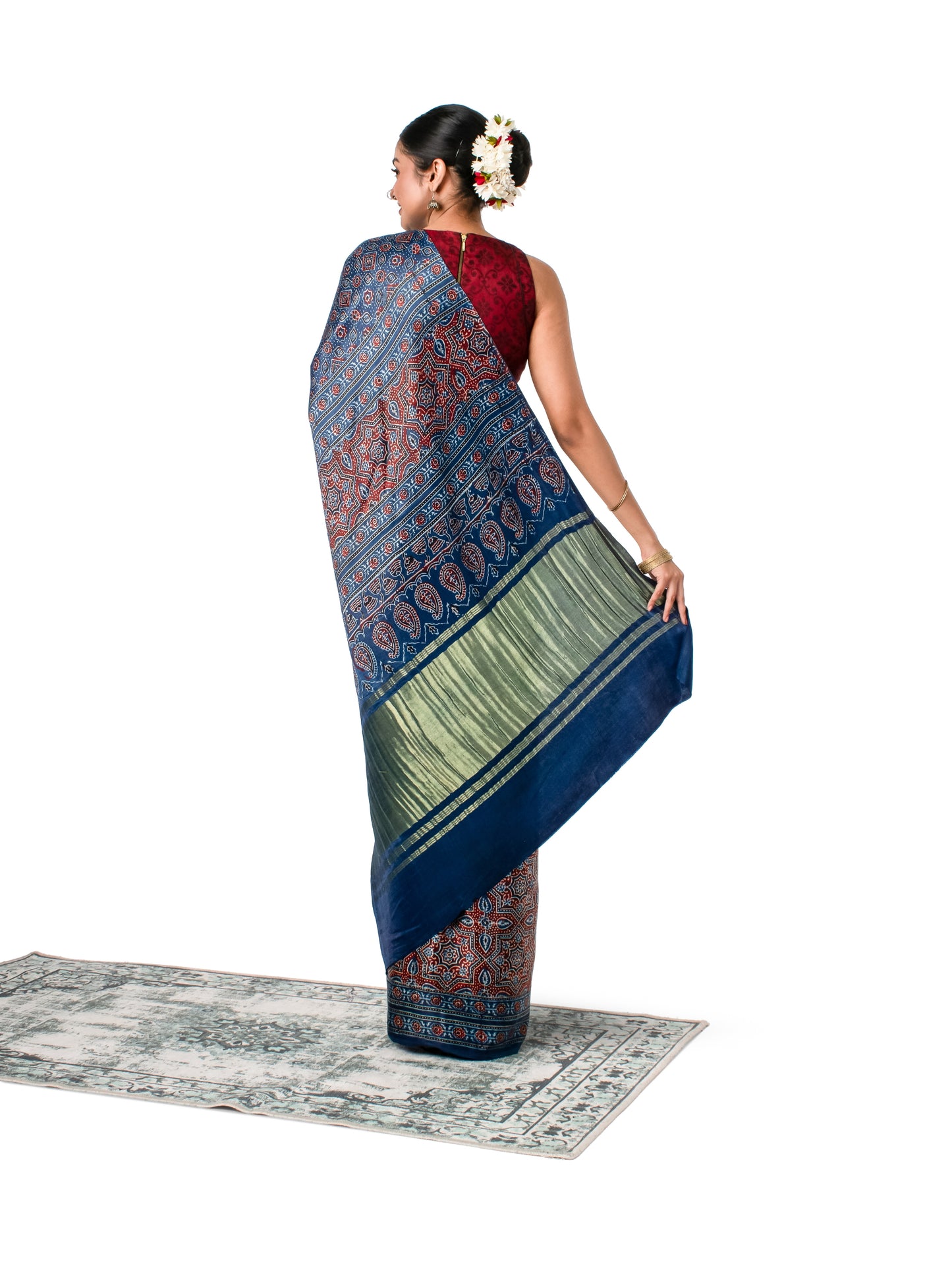 Ajrak Printed Gajji Silk Indigo Coloured Saree