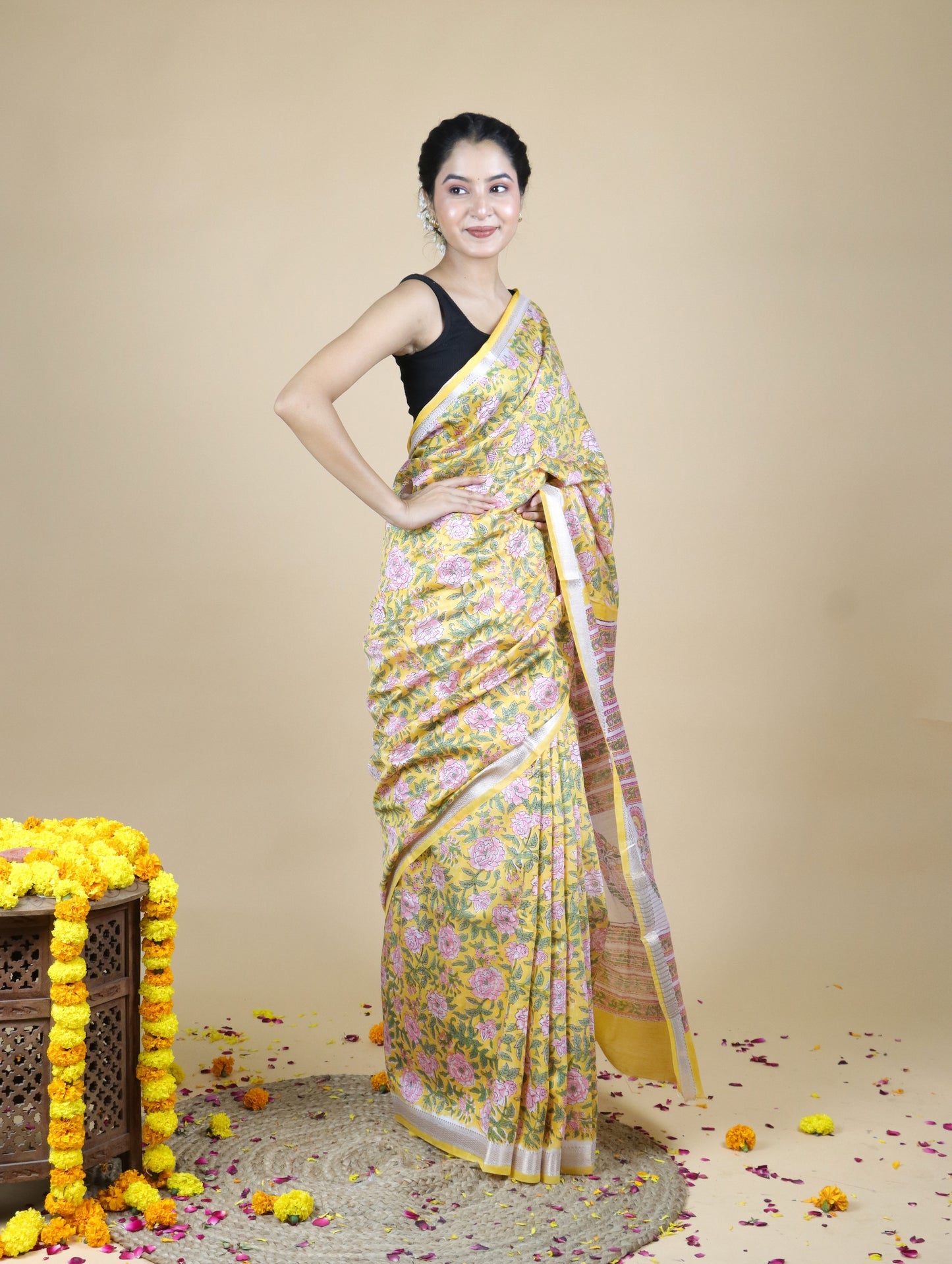 Yellow Blended Maheshwari Silk With Sanganeri Block Prints