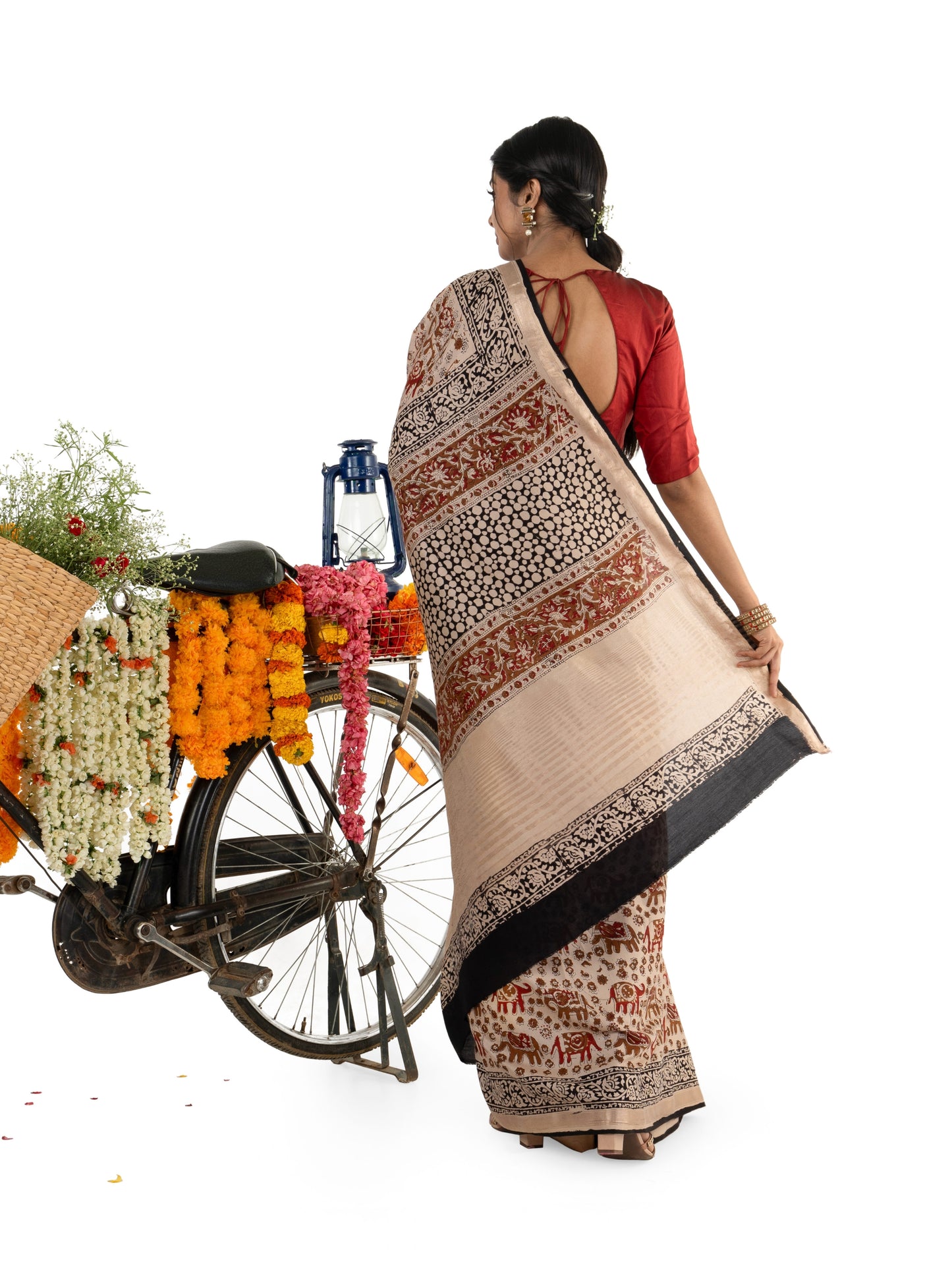 Beige and Maroon Art Silk Crepe with Elephant Motiff Bagru BlockPrinted Saree