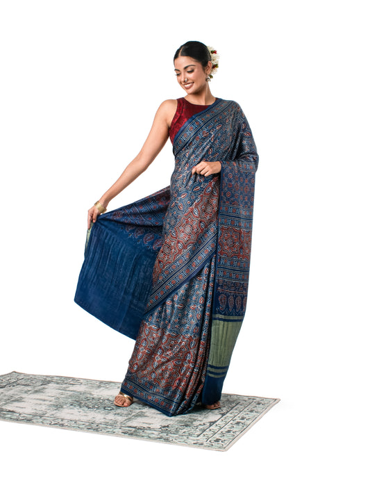 Ajrak Printed Gajji Silk Indigo Coloured Saree