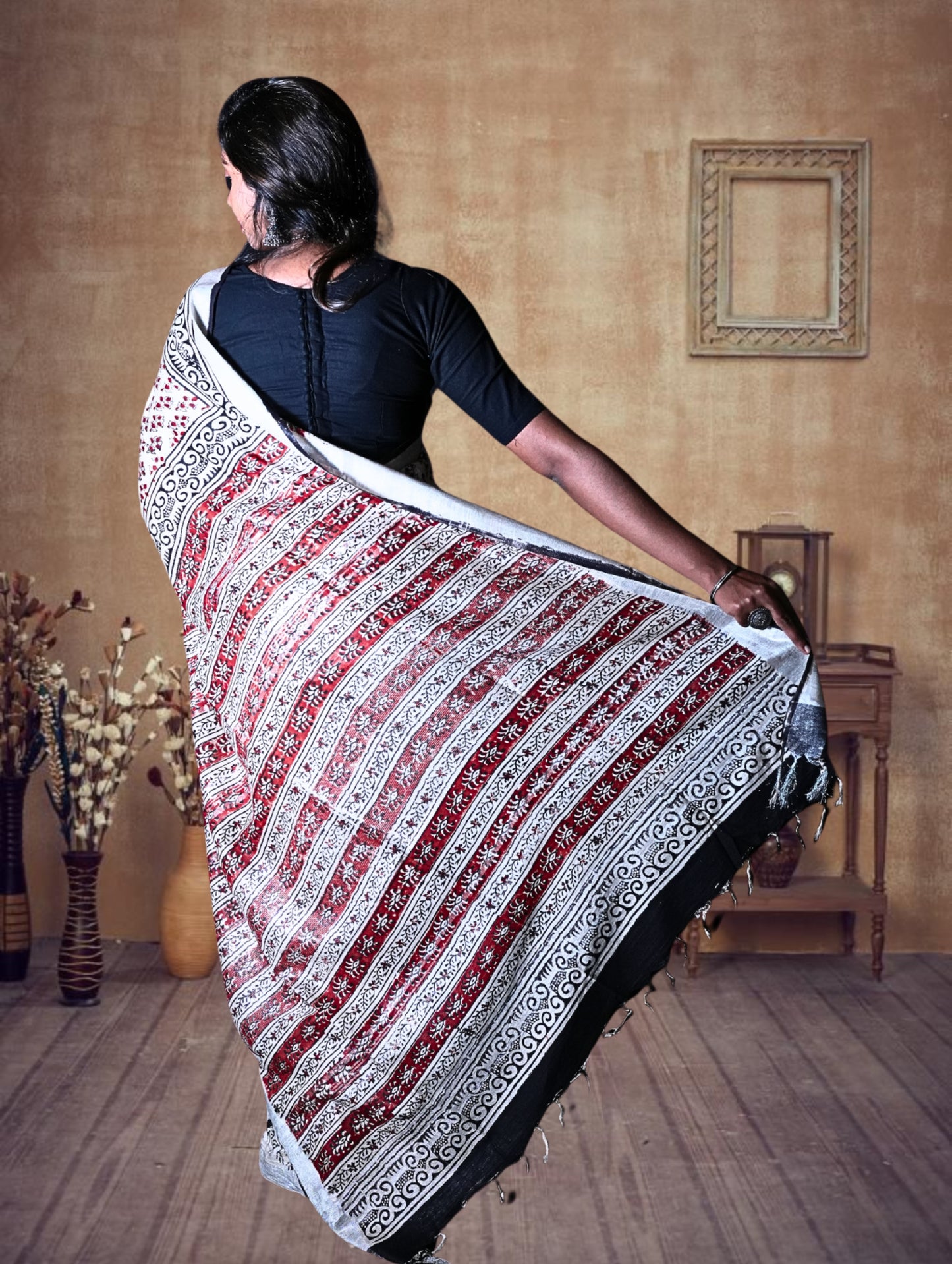 Cotton Linen Saree with Bagru Prints