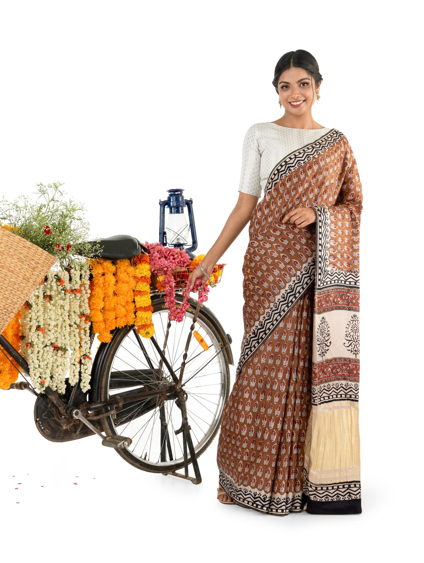 Brown Floral Gajji Silk Bagru Printed Saree