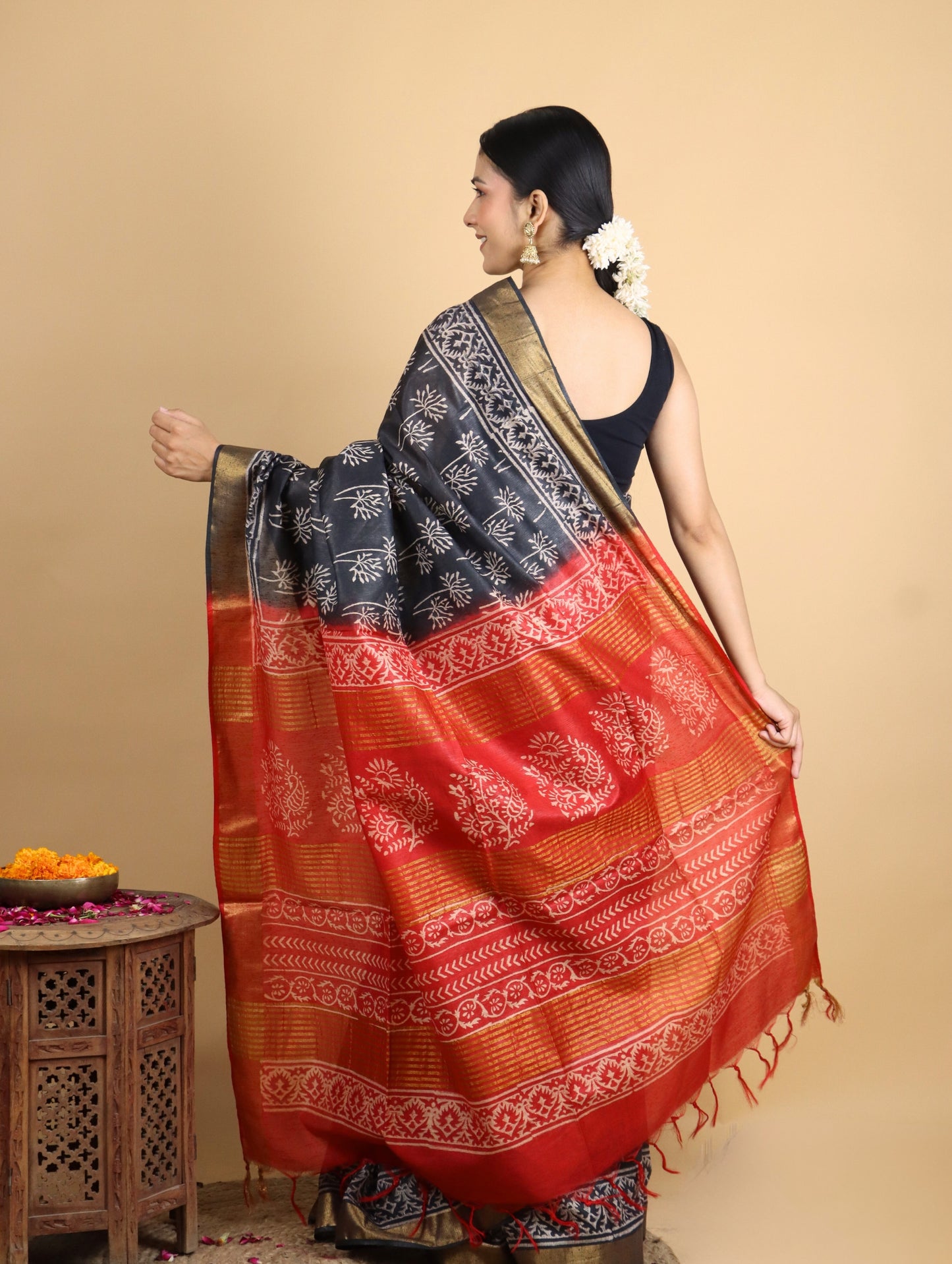 Black and Orange Baffta Tussar Block Printed Saree