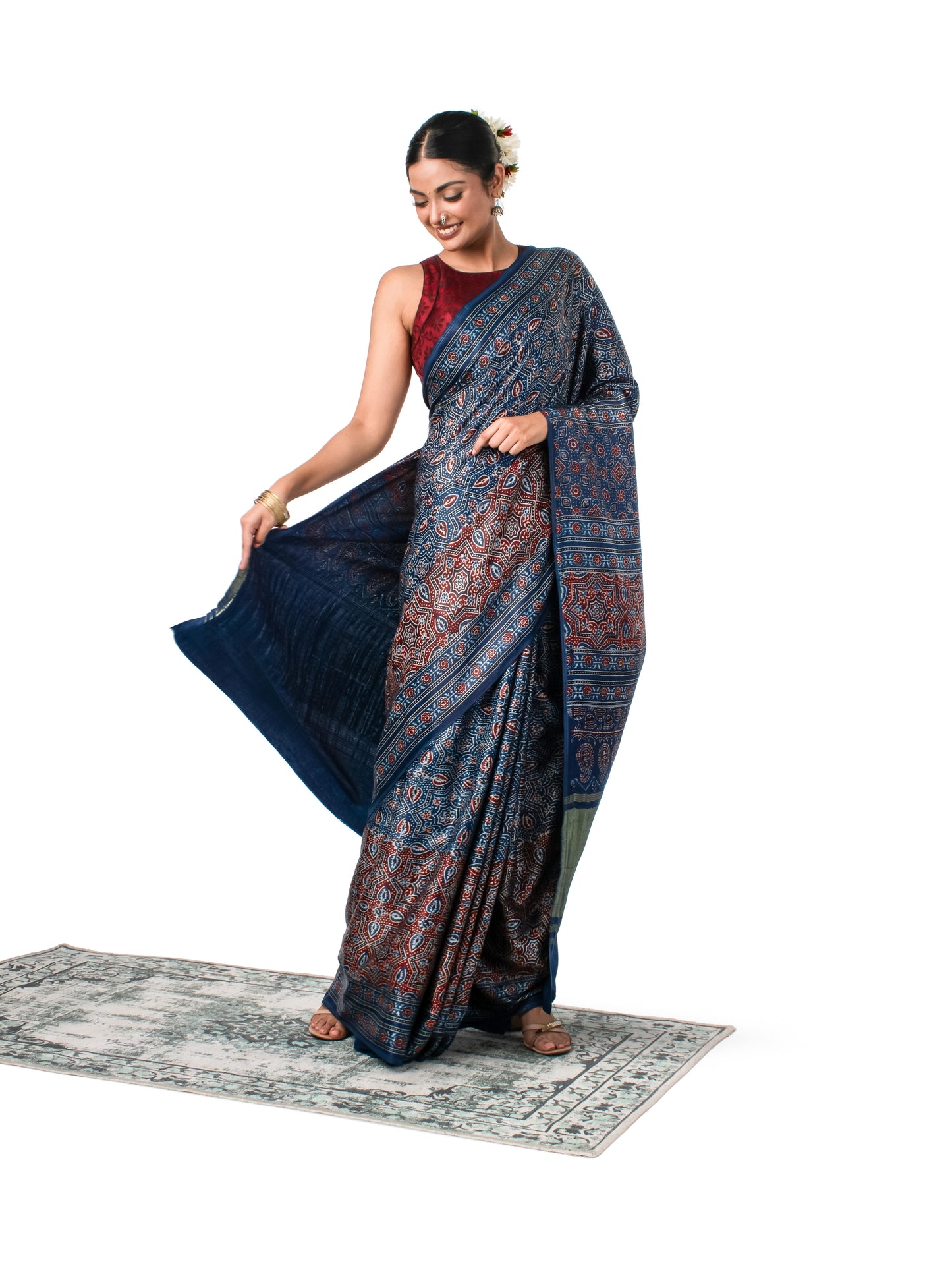 Ajrak Printed Gajji Silk Indigo Coloured Saree