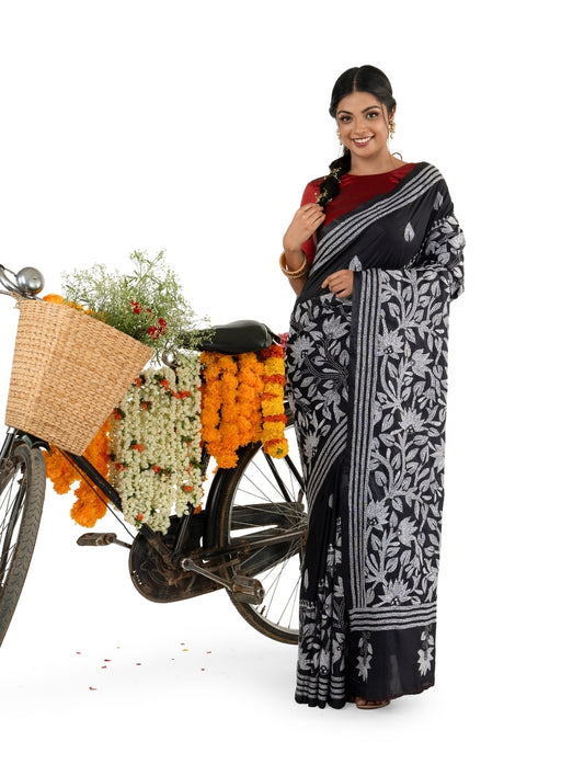 Black With White Coloured Floral Kantha Stitched Saree
