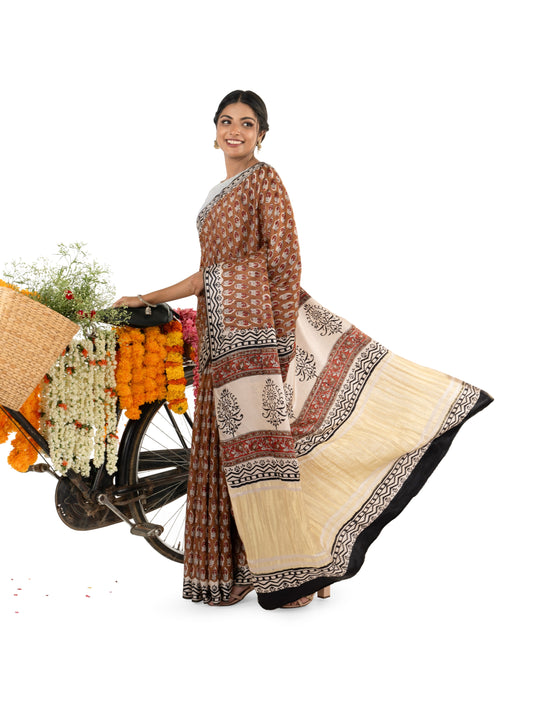 Brown Floral Gajji Silk Bagru Printed Saree
