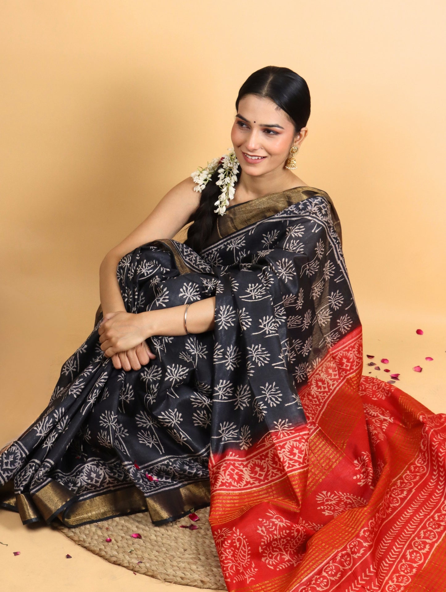 Black and Orange Baffta Tussar Block Printed Saree