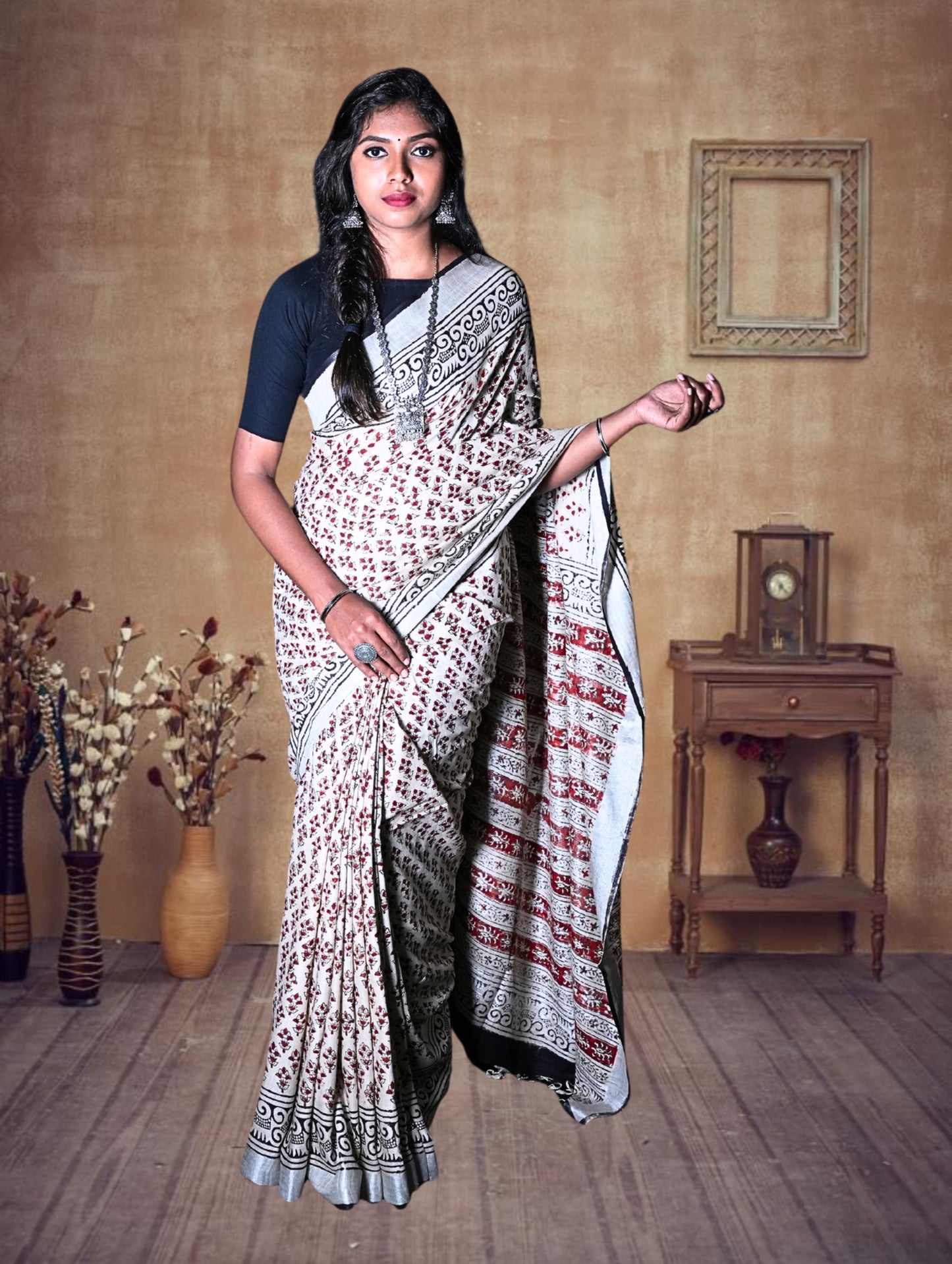 Cotton Linen Saree with Bagru Prints