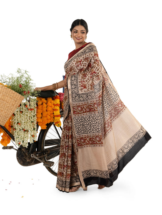 Beige and Maroon Art Silk Crepe with Elephant Motiff Bagru BlockPrinted Saree
