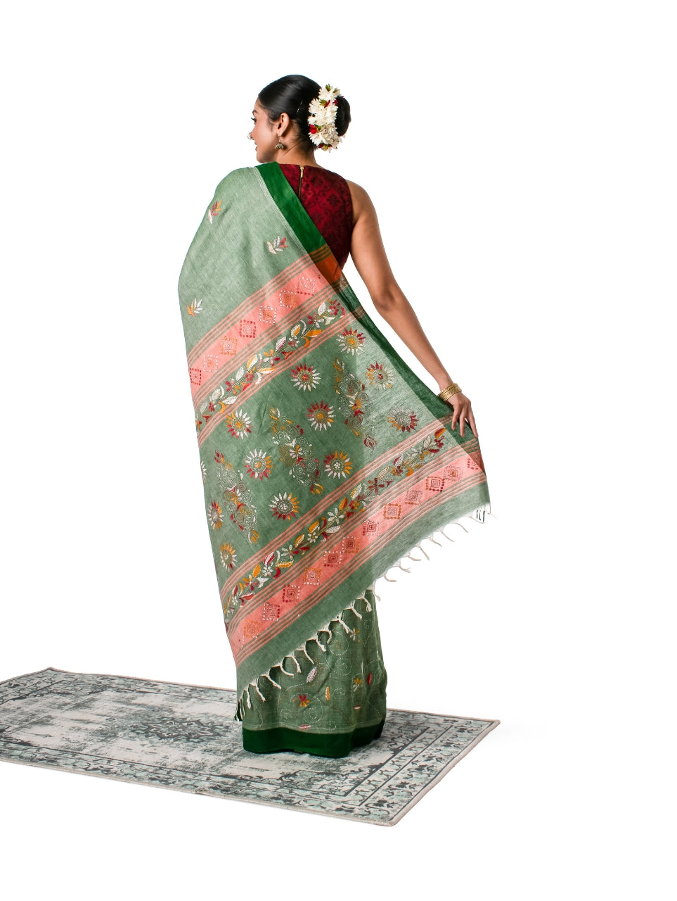 Green Exquisite Khadi Kantha Stitched Saree