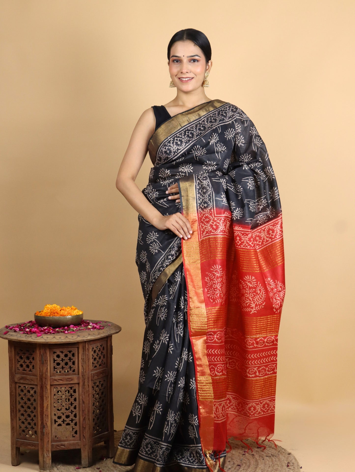 Black and Orange Baffta Tussar Block Printed Saree