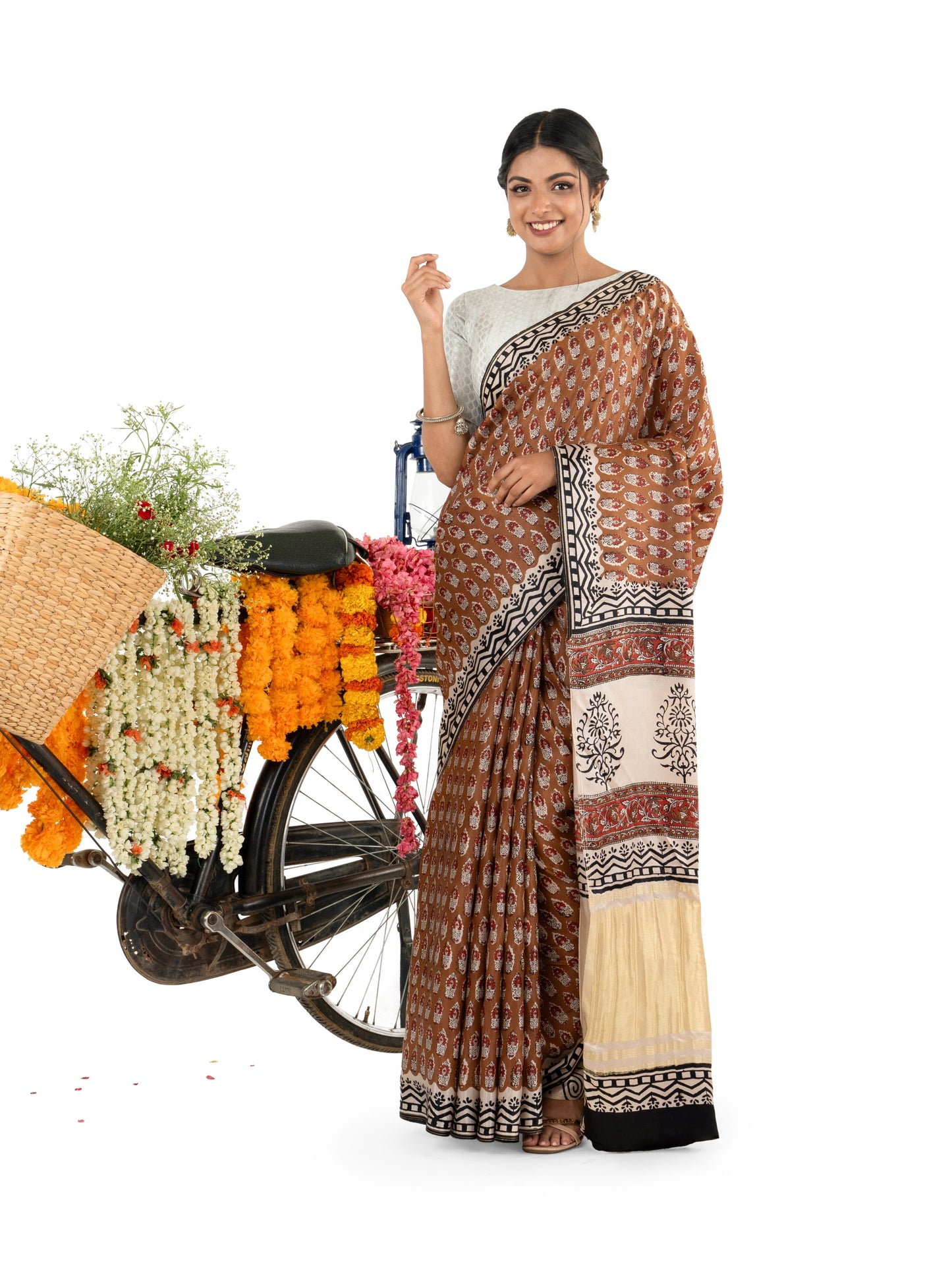 Brown Floral Gajji Silk Bagru Printed Saree