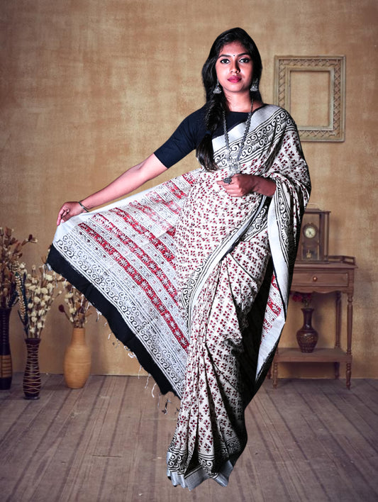 Cotton Linen Saree with Bagru Prints