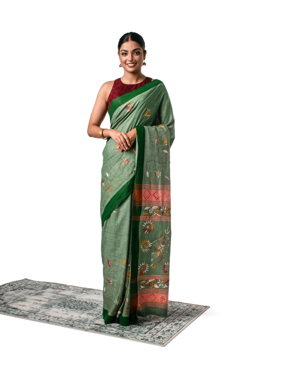 Green Exquisite Khadi Kantha Stitched Saree