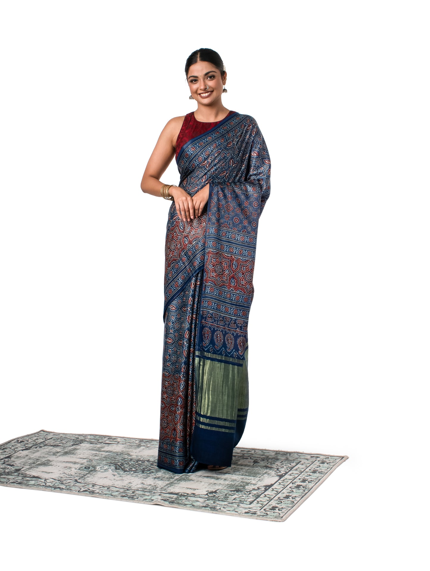 Ajrak Printed Gajji Silk Indigo Coloured Saree