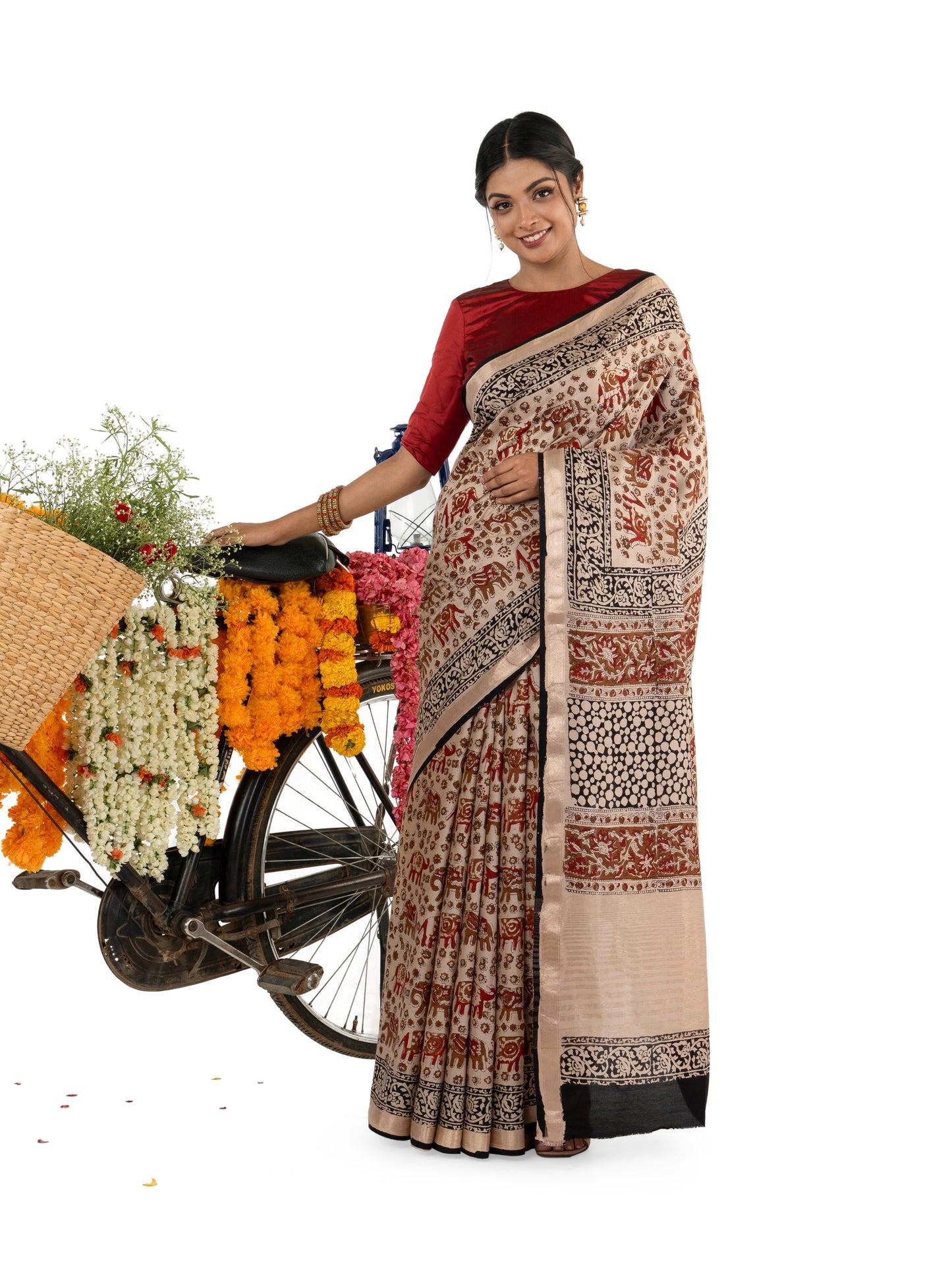 Beige and Maroon Art Silk Crepe with Elephant Motiff Bagru BlockPrinted Saree