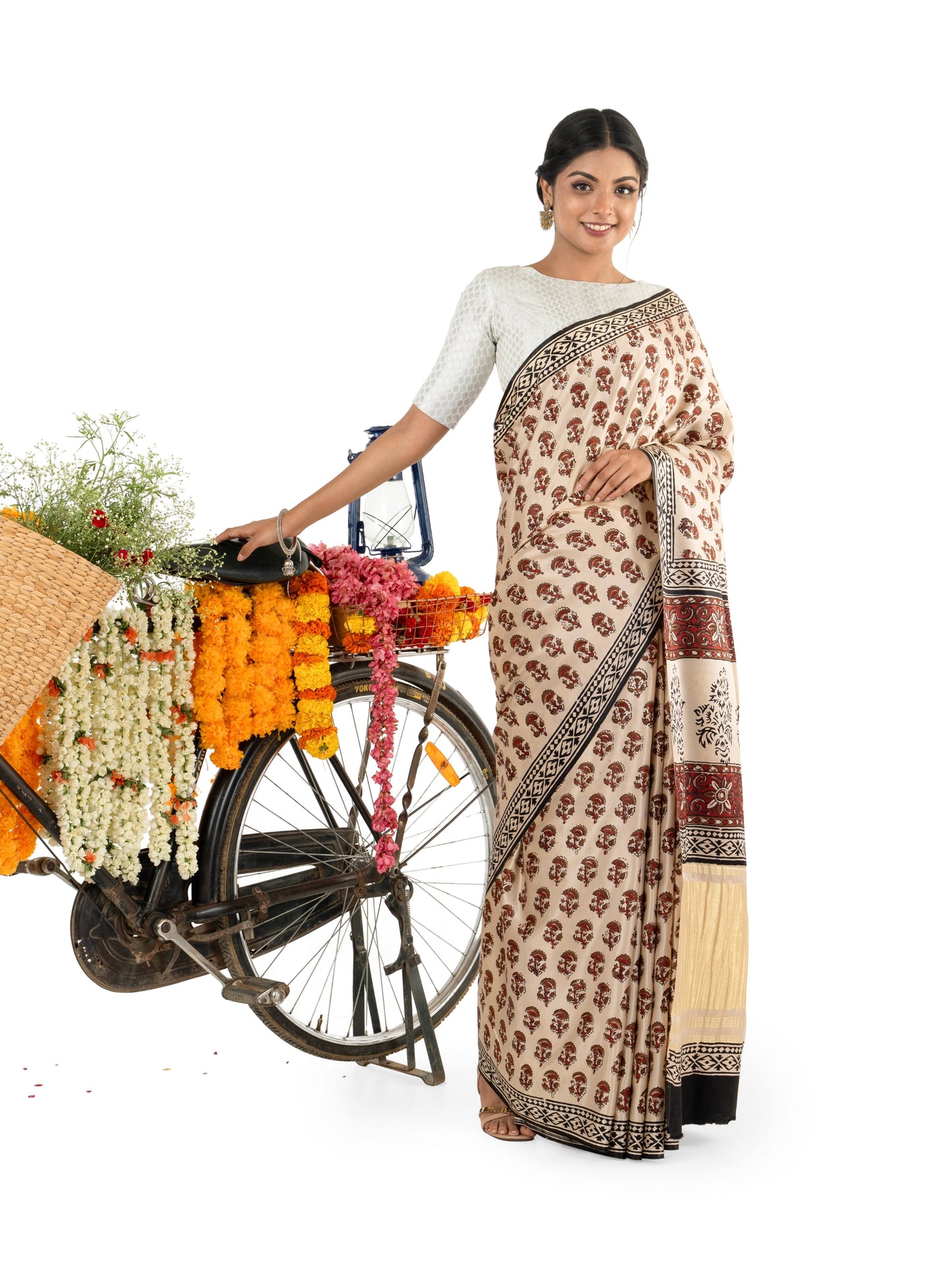 Brown and Beige Floral Gajji Silk Bagru Printed Saree