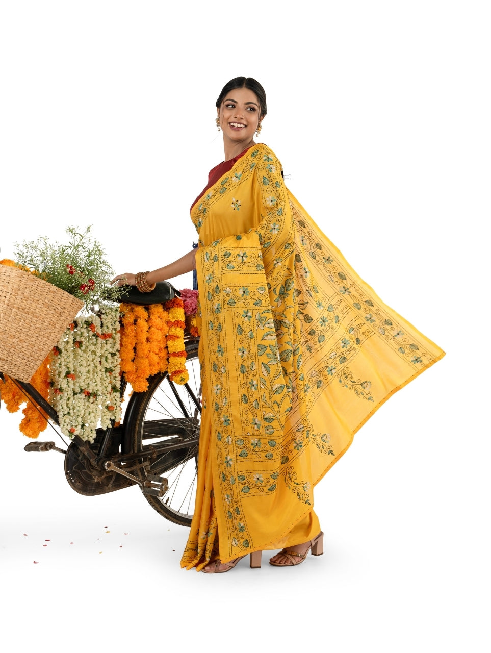 Yellow Multicoloured Exquisite Kantha Stitched Saree