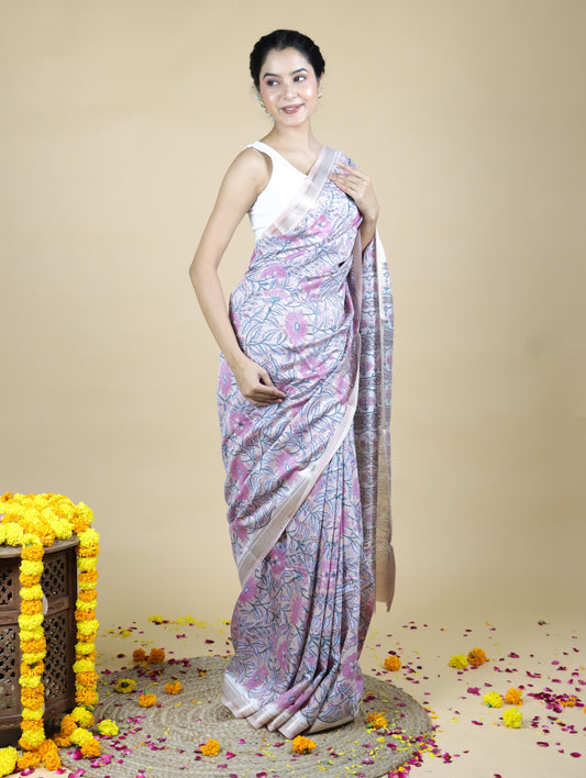 Lilac Blended Maheshwari Silk With Sanganeri Block Prints