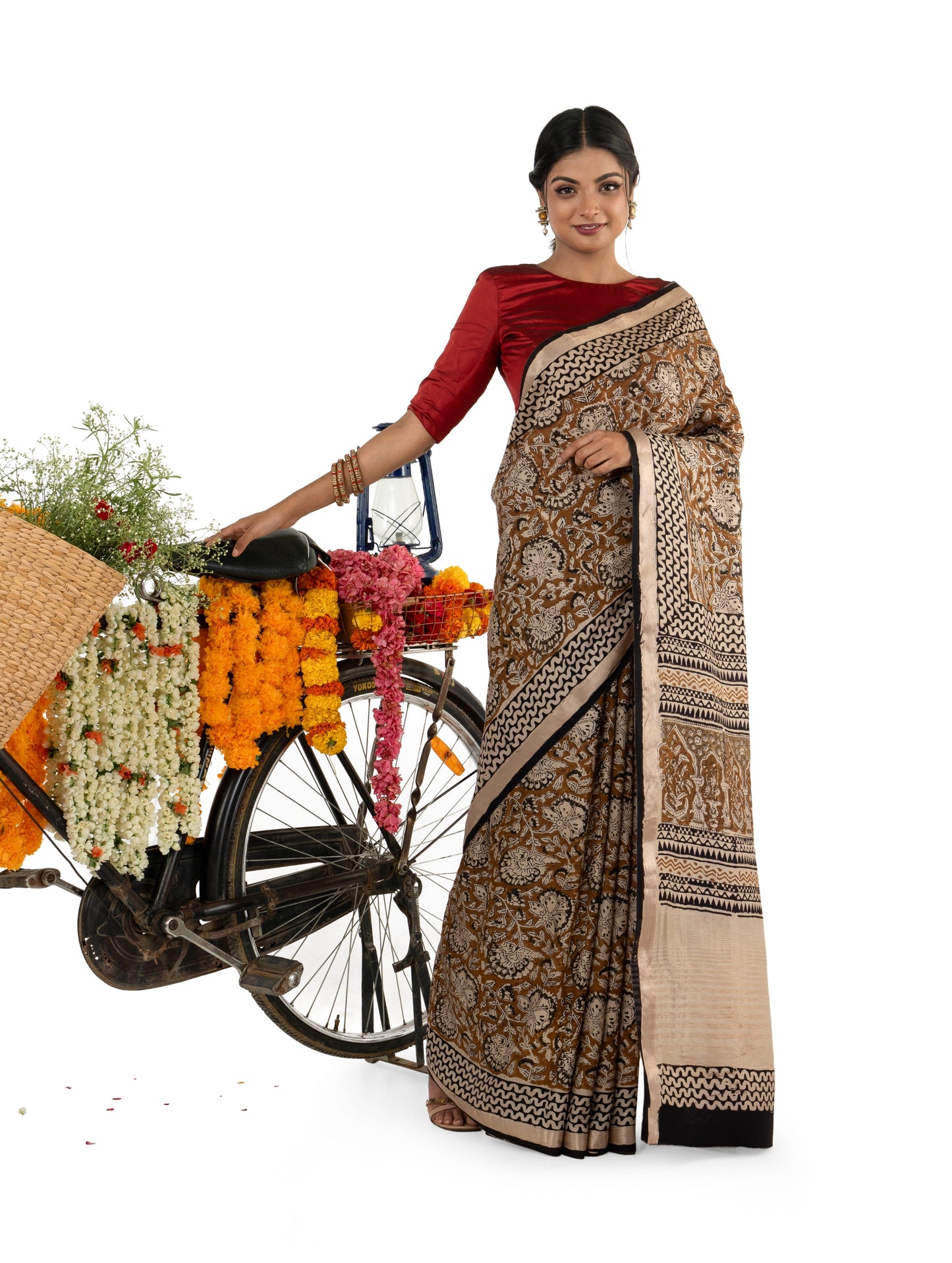 Beige and Mehandi Green Art Silk Crepe with Floral Bagru BlockPrinted Saree